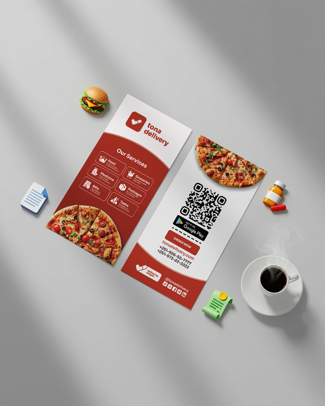 Tona Delivery flyer mockup with delivery items