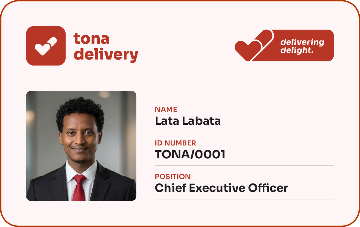 Front of Tona Delivery employee ID card