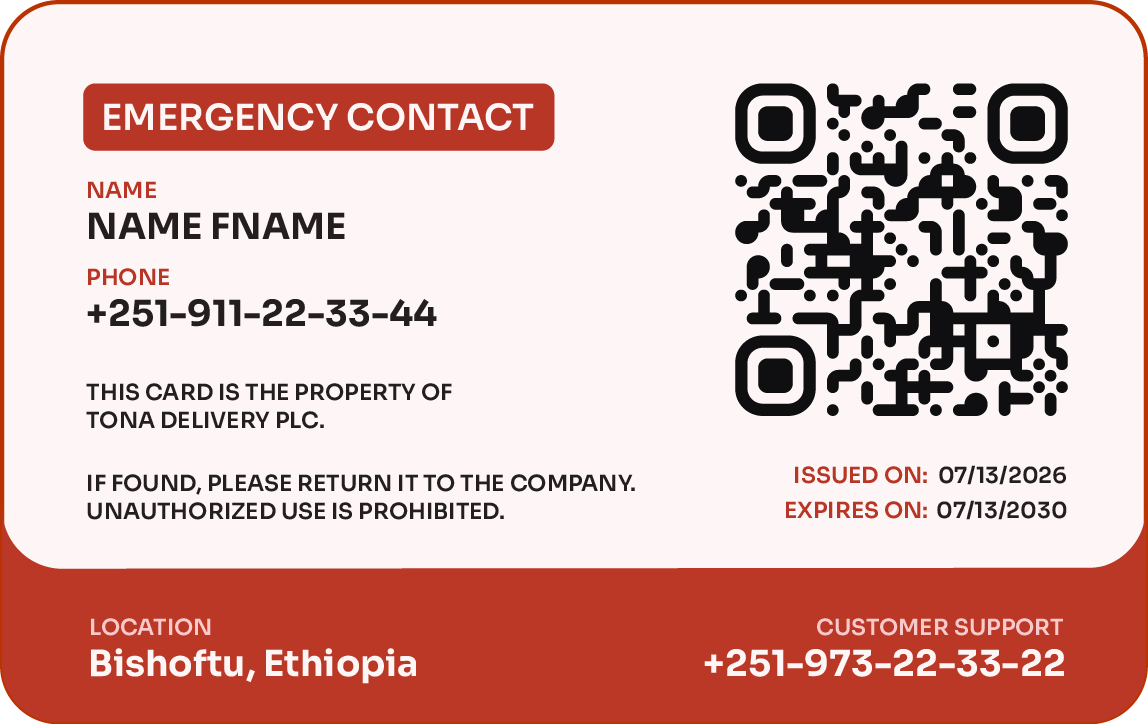 Back of Tona Delivery employee ID card